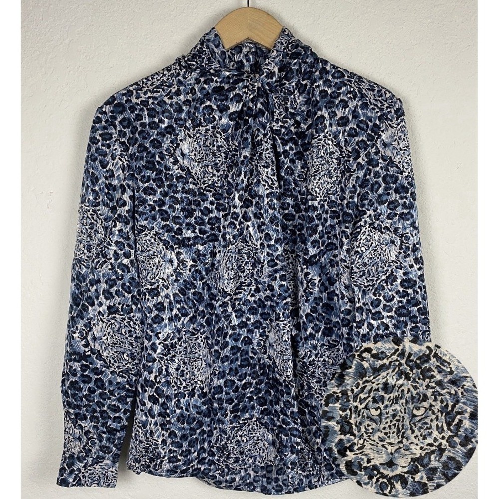 Vtg Size 10 Leopard Print Blouse Cat Jungle Blue Career High Neck Elegant 90s